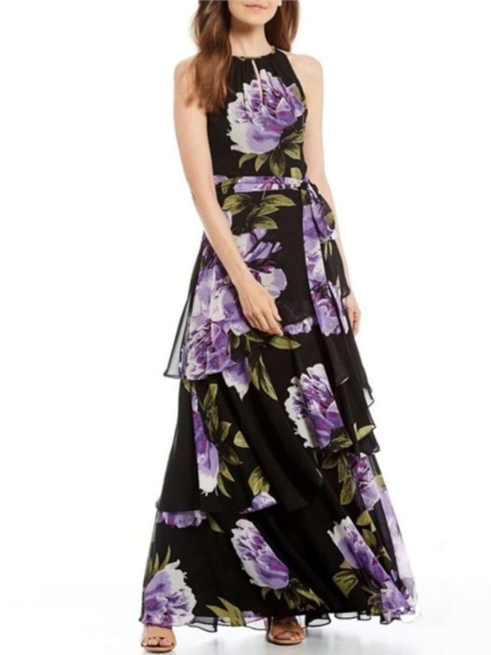 Alex Marie Black Purple Floral Tiered Formal Gown Size 2